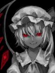  fangs flandre_scarlet hat monochrome red_eyes shion_(mamuring) shionty side_ponytail solo spot_color the_embodiment_of_scarlet_devil touhou wings 