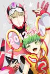  2012 ane_(artist) bad_id barnaby_brooks_jr blonde_hair chinese_clothes detached_sleeves dragon_kid green_eyes green_hair hand_holding hat high_five holding_hands huang_baoling new_year short_hair shorts superhero tiger_&amp;_bunny 