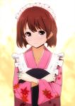  akasaka_shop bad_id blush brown_hair japanese_clothes kimono maid maid_headdress original short_hair solo tray 