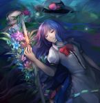  blue_hair bow closed_eyes dress eyes_closed flower food fruit hat hinanawi_tenshi long_hair on_back peach ramble12 solo sword sword_of_hisou touhou very_long_hair weapon 