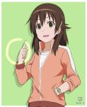  brown_eyes brown_hair circle hair_ornament hand_in_pocket kueru kyouno_madoka maru_(lagrange) open_mouth rinne_no_lagrange sleeves_rolled_up smile solo track_jacket track_suit watch wristwatch 