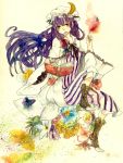  apple book boots bow breasts crescent cross-laced_footwear dress flower food fruit hair_bow hat index_finger_raised lace-up_boots long_hair okayamakoto patchouli_knowledge purple_eyes purple_hair raised_finger ribbon solo touhou traditional_media violet_eyes watercolor_(medium) 