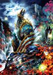 capcom claws cliff cloud electricity full_moon fur glowing highres horns jinouga landscape leaf lightning maple_leaf monster monster_hunter monster_hunter_portable_3rd moon mountain nature night no_humans open_mouth ryuuta_(ipse) scenery sky tail water waterfall 