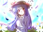  blue_hair bust flower food fruit hat hinanawi_tenshi leaf long_hair peach red_eyes ribbed_sweater solo sweater torisuke_(koinohito) touhou 