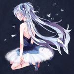  ballerina bare_shoulders blue_hair dress from_behind hatsuko hatsune_miku long_hair open-back_dress round_around_(vocaloid) solo squatting twintails very_long_hair vocaloid 