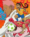  ball dragon eastern_dragon inazuma_eleven inazuma_eleven_(series) inazuma_eleven_go jacket long_hair looking_back male mole multiple_boys nishiki_ryouma open_mouth pink_hair ponytail raimon short_hair smile soccer_ball soccer_uniform someoka_ryuugo yamamiya_hiroshi 