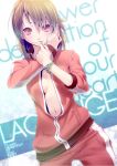  adjusting_hair bracelet breasts brown_hair hairdressing jewelry kyouno_madoka looking_at_viewer mouth_hold navel nilitsu no_bra open_clothes open_jacket red_eyes rinne_no_lagrange short_hair sleeves_rolled_up solo track_jacket track_suit 