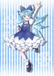  aidumi arm_up blue_eyes blue_hair blush_stickers bobby_socks cirno dress hair_ribbon hand_on_hip hips ice_wings mary_janes pointing pointing_up ribbon shoes socks solo touhou white_legwear wings 