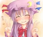  blush bow closed_eyes crescent double_v dress eyes_closed face hat long_hair open_mouth patchouli_knowledge purple_dress purple_hair ram_hachimin smile solo touhou v very_long_hair 