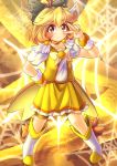 alternate_costume blonde_hair bow cosplay cure_peace cure_peace_(cosplay) dress fun_bo hair_bow kurodani_yamame ponytail precure short_hair shorts_under_skirt skirt smile smile_precure! solo spider_web touhou v yellow yellow_background yellow_dress yellow_eyes 
