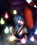  :p alternate_costume alternate_hair_length alternate_hairstyle bare_shoulders blood blood_in_mouth blue_eyes blue_hair dark_persona dress heterochromia hitodama karakasa_obake long_hair looking_at_viewer messy_hair nail_polish off_shoulder red_eyes solo strap_slip tatara_kogasa tatari_kogasa tombstone tongue touhou umbrella yuu-rin 