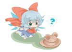  1nenmono ? ahoge ascot barefoot blue_dress blue_hair bow chibi cirno dress fairy_wings green_eyes hair_bow hat minigirl outstretched_arms pyonta short_hair simple_background solo touhou white_background wings 