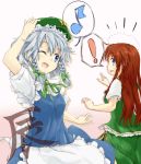  2girls araco blue_eyes braid hat hat_removed headwear_removed hong_meiling izayoi_sakuya long_hair maid_headdress multiple_girls musical_note open_mouth red_hair redhead short_hair silver_hair smile star the_embodiment_of_scarlet_devil touhou twin_braids wink 