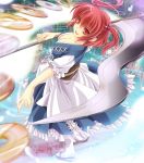  breasts cleavage clog_sandals coin footwear frilled_skirt hair_bobbles hair_ornament highres japanese_clothes looking_at_viewer moneti_(daifuku) motion_blur obi onozuka_komachi open_mouth over_shoulder red_eyes red_hair redhead scythe short_hair short_sleeves smile socks solo standing throwing touhou twintails weapon weapon_over_shoulder white_legwear 