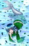 1girl blue_eyes blue_hair blush breasts head_fins head_rest highres leaf mermaid monster_girl myogateien open_mouth partially_submerged smile solo touhou wakasagihime water 