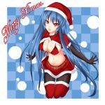  alternate_breast_size belt bikini_top blue_hair boots breasts christmas cleavage elbow_gloves front-tie_top gloves gmot hat highres hinanawi_tenshi kneeling large_breasts long_hair merry_christmas midriff open_mouth pantyhose red_eyes santa_boots santa_costume santa_hat skirt solo thigh-highs thigh_boots thighhighs touhou very_long_hair 