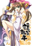  brown_hair china_dress chinese_clothes dress fang fighting_stance green_eyes hair_ribbon huang_lingyin infinite_stratos legs long_hair new_year open_mouth polearm ribbon solo soukai_(lemonmaiden) translated twintails weapon white_dress 