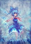  bad_id blue_eyes blue_hair bow breasts cirno dress hair_bow highres ice qin short_hair smile snowflakes solo touhou wings 