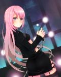  1girl aqua_eyes bad_id garter_straps long_hair looking_at_viewer looking_back megurine_luka microphone pink_hair project_diva project_diva_2nd skirt solo steak20 thighhighs vocaloid zettai_ryouiki 