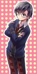  alternate_costume bad_id bespectacled black_hair glasses hair_ornament hairclip jude_mathis male mikou_(monpamanpe) necktie pants pink_background plaid polka_dot polka_dot_background school_uniform solo tales_of_(series) tales_of_xillia yellow_eyes 