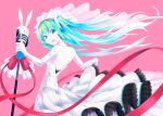  aqua_eyes aqua_hair bare_shoulders dress elbow_gloves flower gloves hatsune_miku long_hair looking_back microphone microphone_stand open_mouth ribbon rose sira-kura solo twintails veil very_long_hair vocaloid wedding_dress whie_dress white_dress 