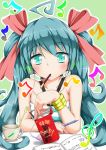  aqua_eyes aqua_hair bracelet brand_name_imitation cup digital_media_player hair_ornament hair_ribbon hatsune_miku headphones highres jewelry listening_to_music long_hair looking_at_viewer mouth_hold musical_note pen pocky ribbon solo spring_onion tjk twintails vocaloid 