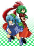  aa_nin backpack bag blue_eyes blue_hair boots bow checkered checkered_background frills front_ponytail green_eyes green_hair hair_bobbles hair_bow hair_ornament hair_ribbon highres kagiyama_hina kawashiro_nitori key long_hair looking_at_viewer looking_back multiple_girls open_mouth pocket randoseru ribbon short_hair teeth touhou twintails 