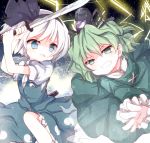  blue_eyes clenched_teeth dress dress_shirt ghost ghost_tail green_dress green_eyes green_hair hair_ribbon hat hat_ribbon katana konpaku_youmu lightning mari_audio multiple_girls open_mouth ribbon shirt short_hair silver_hair skirt skirt_set soga_no_tojiko sword tate_eboshi ten_desires touhou vest weapon 