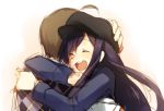  1girl brown_hair cabbie_hat closed_eyes couple eyes_closed good_end happy hat hug ikezawa_hanako katawa_shoujo long_hair nakai_hisao open_mouth purple_hair scar smile weee_(raemz) 