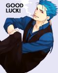  bad_id blue_hair cigarette earrings face fate/hollow_ataraxia fate/stay_night fate_(series) jewelry lancer long_hair male necktie ponytail red_eyes smoking solo sukumaraku vest waistcoat 