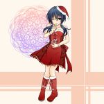  ayasaki_ruri bare_shoulders black_hair blue_eyes boots bow breasts corpse_party dress finger_to_mouth gift hair_bobbles hair_ornament hat highres holding holding_gift knee_boots santa_costume santa_hat shinozaki_ayumi solo twintails wink 