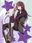  belt black_eyes black_hair blue_background boots coat long_hair male pants paramagi smile solo star starry_background sword tales_of_(series) tales_of_vesperia weapon yuri_lowell 