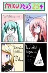  3girls 4koma all_fours blonde_hair blue_eyes blue_hair book catstudio_(artist) comic green_eyes green_hair hair_ornament hair_ribbon hairband hairclip hatsune_miku highres kagamine_rin kaito long_hair megurine_luka multiple_girls necktie pink_hair ribbon short_hair sleeveless sleeveless_shirt thai translated translation_request twintails vocaloid 