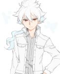  blue_hair casual face hakuryuu_(inazuma_eleven) hirosuke inazuma_eleven inazuma_eleven_(series) inazuma_eleven_go jacket long_hair male multicolored_hair red_eyes smile solo white_hair 