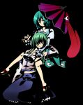  ambrosia blue_eyes blue_hair closed_eyes detached_sleeves eyes_closed green_hair heterochromia karakasa_obake kochiya_sanae long_hair multiple_girls red_eyes short_hair skirt tatara_kogasa tenni_noboru tongue touhou umbrella 