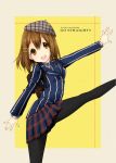  aruki beret brown_eyes brown_hair english fashion hat hirasawa_yui k-on! kicking pantyhose plaid plaid_skirt short_hair skirt solo 