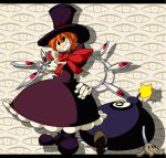  avata black_eyes bomb boots bow dress eyes gloves grin hat lenny_the_bomb mechanical_arms no_pupils orange_hair peacock_(skullgirls) pointing pointing_at_viewer purple_dress sharp_teeth sitting skullgirls smile standing top_hat white_gloves 