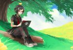  angry animal_on_head bird bird_on_head black_hair boots cloud computer glasses gothic grass headphones kriss_sison laptop log mouth_hold on_head original pantyhose punk red_eyes school_uniform serafuku sitting skirt solo stockings tree uniform 