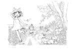  bird black_hair cat cat_ears cat_tail crab dog_ears dress grass house ike_(altitude_attitude) kappa kappa_(neko_musume_michikusa_nikki) koma_(neko_musume_michikusa_nikki) kurona_(neko_musume_michikusa_nikki) leaf monochrome neko_musume_michikusa_nikki path pot shishimaru_(neko_musume_michikusa_nikki) sleeping statue tail tanuki tengu_(neko_musume_michikusa_nikki) tree umbrella youkai 