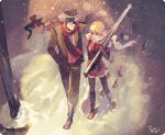  cigarette closed_eyes couple eyes_closed gun hat height_difference hellsing lamppost pip_bernardotte seras_victoria smile snow thigh-highs thighhighs uniform weapon 