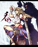  bandage bandages blonde_hair club falconet_dragon fang geta glowing glowing_eyes highres horm horn hoshiguma_yuugi kanabou letterboxed long_hair navel pointy_ears red_eyes ryuuichi_(f_dragon) sakazuki see-through shackle shadow skirt solo star tongue tongue_out touhou weapon 