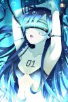  aqua aqua_background armpits arms_up blue_hair flat_chest idolmaster kisaragi_chihaya long_hair midriff navel solo tog_(shoten) visor 