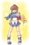  1girl :d arle_nadja armor armored_dress boots brown_hair capelet carbuncle_(puyopuyo) copyright_name creature half_updo hand_on_hip open_mouth pointing puyopuyo rikuruto rough short_hair skirt smile yellow_background yellow_eyes 