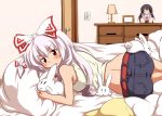  &gt;:( :3 :t alternate_costume ass bangs bed bedroom belt biting blush bow breasts bunny casual character_doll contemporary ear_biting from_behind fujiwara_no_mokou hair_bow houraisan_kaguya indoors lamp long_hair looking_at_viewer lying midriff on_bed pillow rabbit red_eyes shorts silver_hair solo straight_hair sumikaze_midi touhou white_hair 