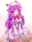  blush book bow breasts cleavage crescent dress flat_gaze hair_bow hat long_hair magic_circle patchouli_knowledge purple_eyes purple_hair sitting solo touhou violet_eyes yukinon 