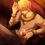  1boy blonde_hair bracelet casual chess_piece couch cup fate/zero fate_(series) gilgamesh jewelry lopc male necklace red_eyes short_hair v-neck wine wine_glass 