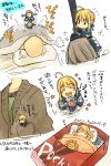  ^_^ ahoge armor armored_dress artist_request bed box broom candy chibi closed_eyes dress fate/stay_night fate/zero fate_(series) futon gauntlets green_eyes in_box in_container konpeitou kuta_(maka) minigirl pocky saber sleeping source_request translated translation_request under_covers 