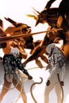  absurdres anubis_(z.o.e) bodysuit character_request confrontation dingo_egret fighting_stance helmet highres jehuty konami mecha multiple_boys nohman official_art orbital_frame plugsuit sepia visor white_hair zone_of_the_enders 