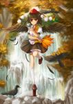  bird black_wings brown_hair camera crow dress_shirt fan feathers geta hat kneehighs ramble12 red_eyes shameimaru_aya shirt short_hair skirt smile solo standing_on_one_leg tokin_hat touhou water waterfall white_legwear wings 