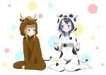  7001 animal_costume blue_hair blush braid cow_costume furutani_himawari horse_costume multiple_girls oomuro_sakurako sitting yuru_yuri 
